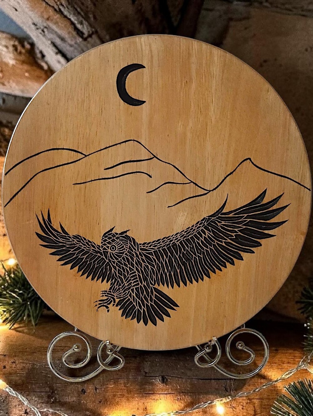 Hand Carved Owl Wooden Lazy Susan Turntable Serving Tray Rustic Cabin Woodland